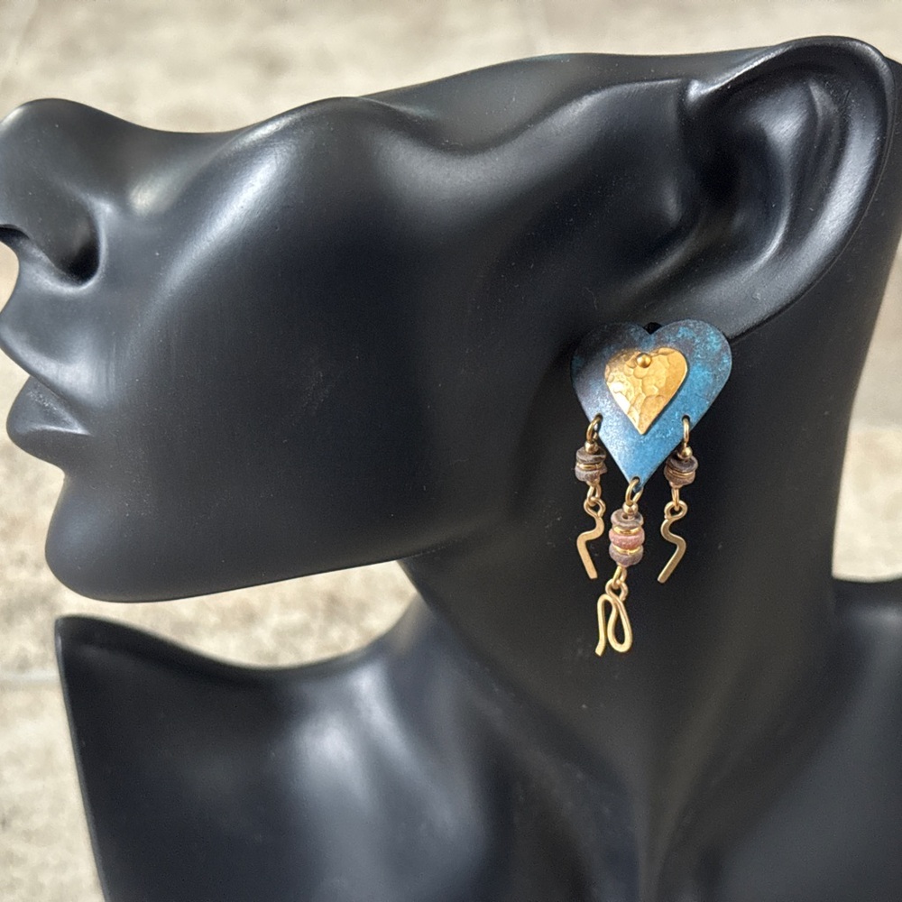 Blue and Gold Heart Dangle Earrings Valentine Jewelry
